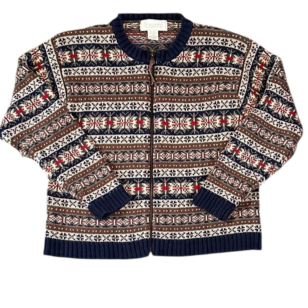 ROSANNA Vintage cotton blend zip front navy multi color cardigan sweater size M